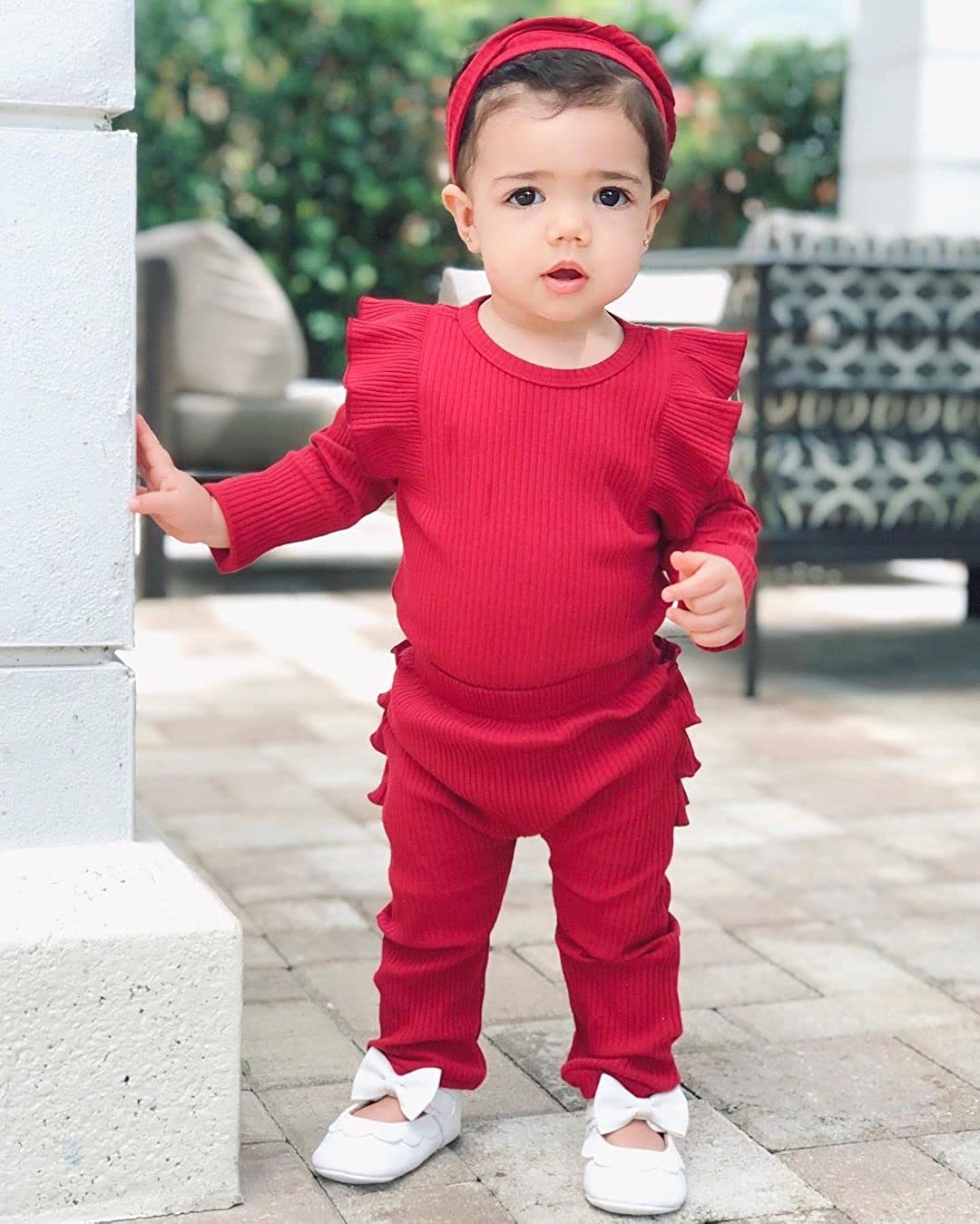 Fullfamous Baby Girl's 3pc Rib Frill Long Sleeve Romper and Pant Set - Image 2